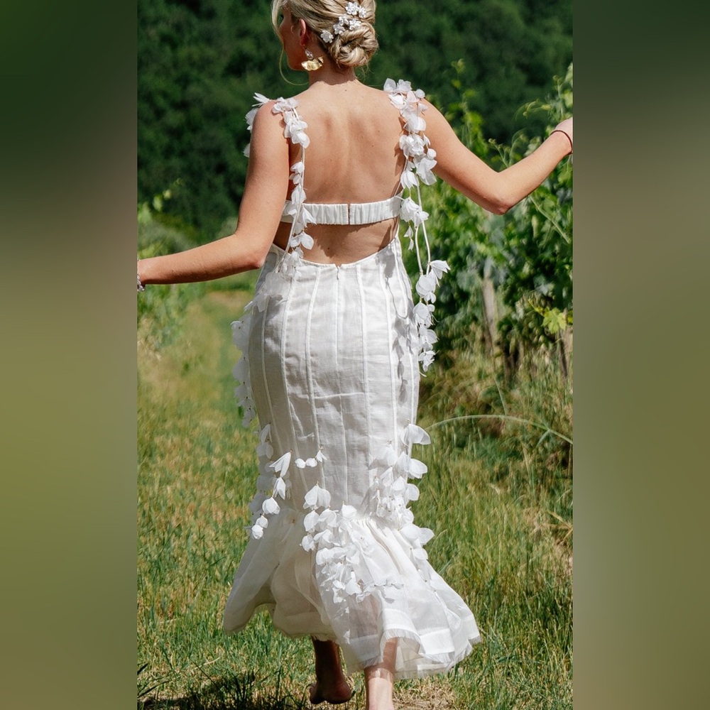 Zimmermann White Petal Appliqué Linen-Silk Midi Dress - Picture 3 of 4